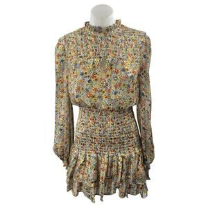 Aqua Multicolor Floral Smocked Tiered Ruffle Long Sleeve Mini A-line Dress Sz XS